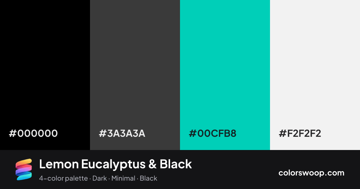 Lemon Eucalyptus & Black color palette card: Black #000000, Onyx #3A3A3A, Eucalyptus #00CFB8, Smoke #F2F2F2
