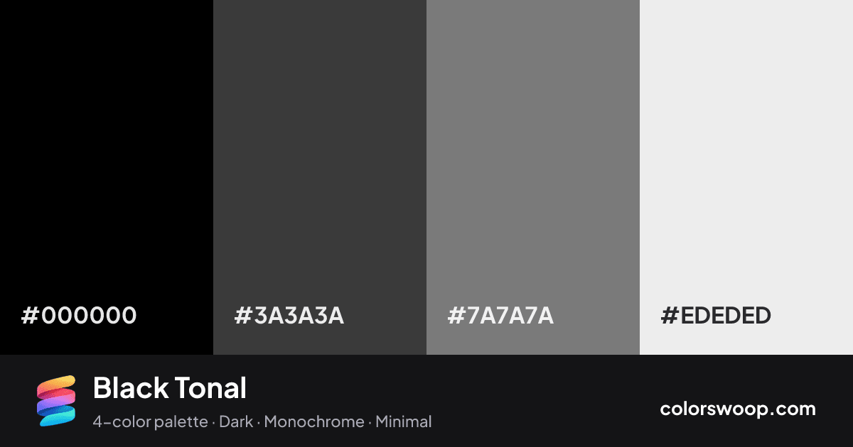 Black Tonal color palette card: Black #000000, Onyx #3A3A3A, Gray #7A7A7A, Frost #EDEDED
