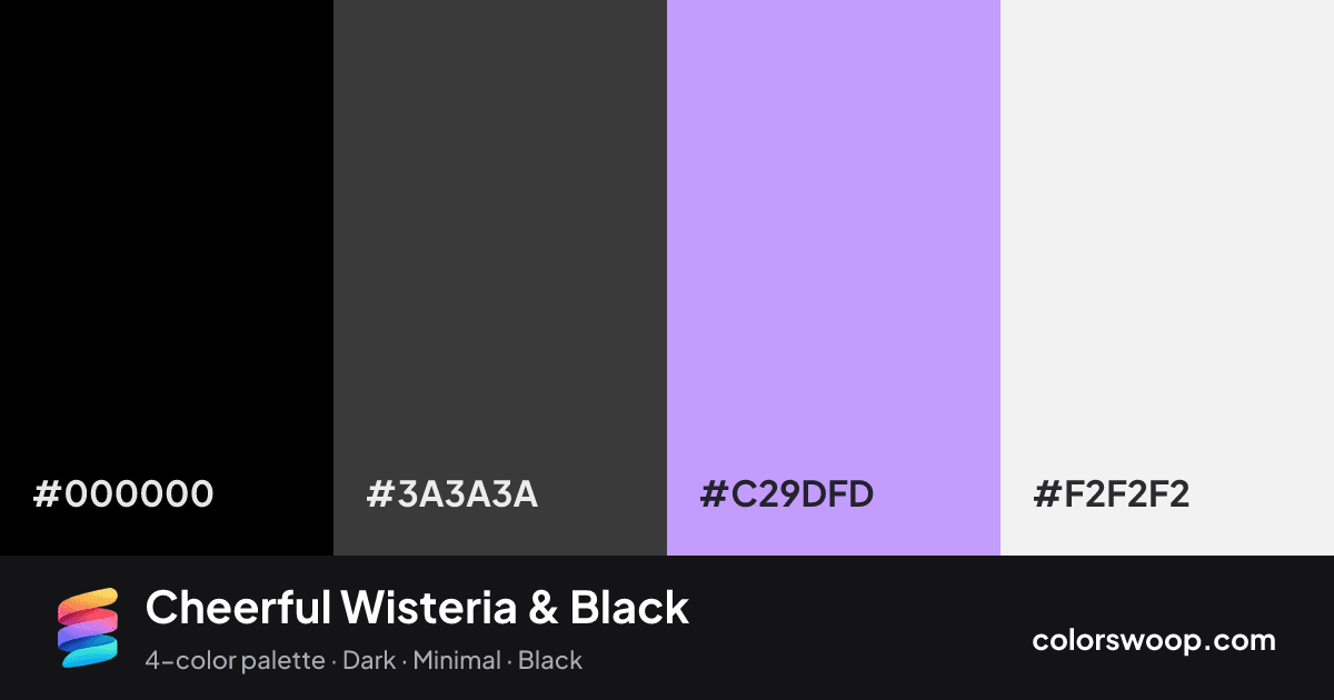Cheerful Wisteria & Black color palette card: Black #000000, Onyx #3A3A3A, Wisteria #C29DFD, Smoke #F2F2F2
