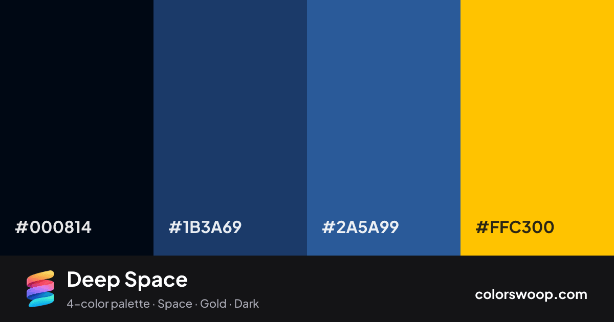 Deep Space color palette card: Obsidian #000814, Prussian Blue #1B3A69, Lapis #2A5A99, Amber #FFC300