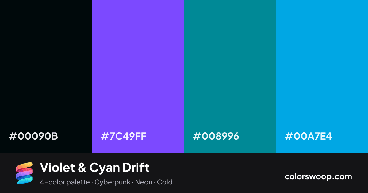 Violet & Cyan Drift color palette card: Obsidian #00090B, Violet #7C49FF, Teal #008996, Cyan #00A7E4