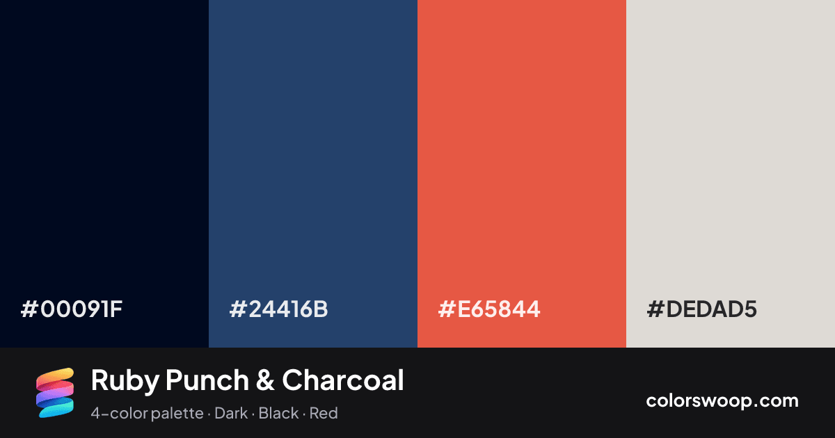 Ruby Punch & Charcoal color palette card: Obsidian #00091F, Charcoal #24416B, Punch #E65844, Bone #DEDAD5