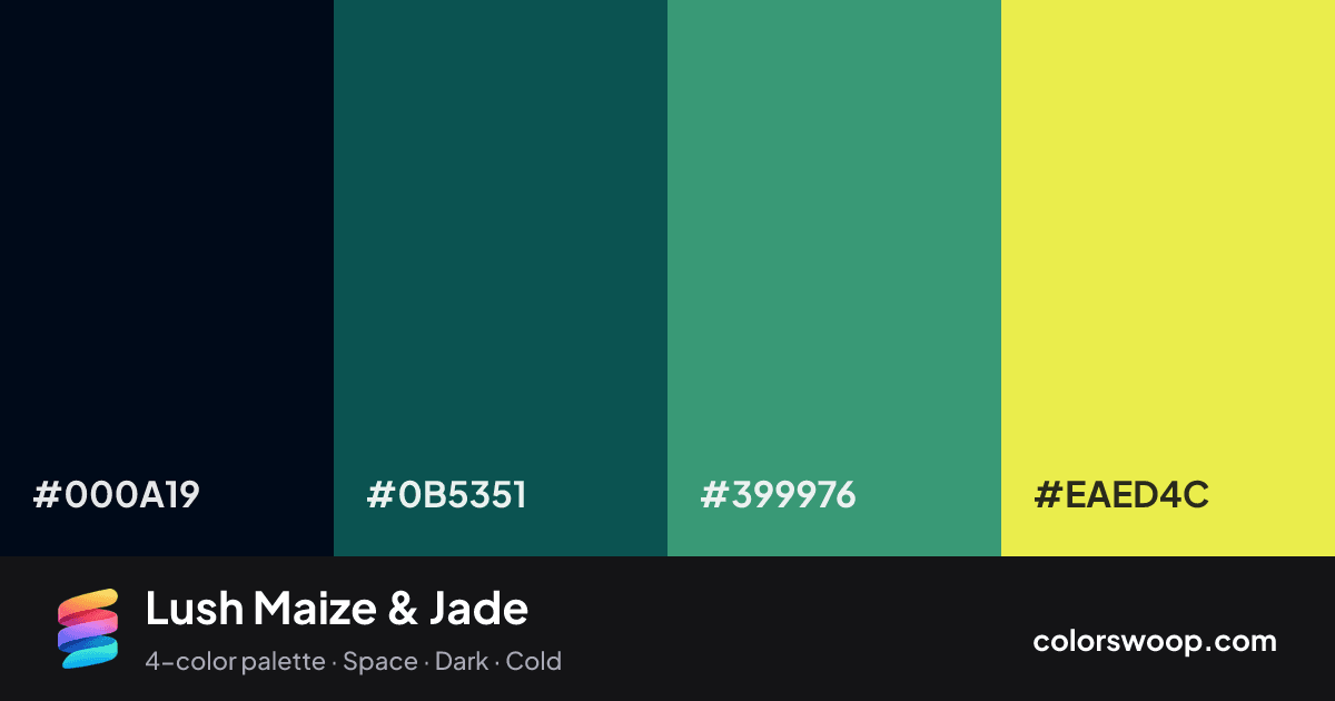 Lush Maize & Jade color palette card: Obsidian #000A19, Spruce #0B5351, Jade #399976, Maize #EAED4C
