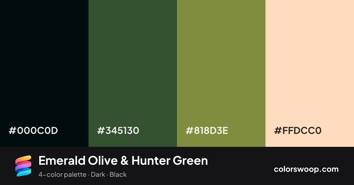 Emerald Olive & Hunter Green color palette card: Obsidian #000C0D, Hunter Green #345130, Olive #818D3E, Peach Puff #FFDCC0