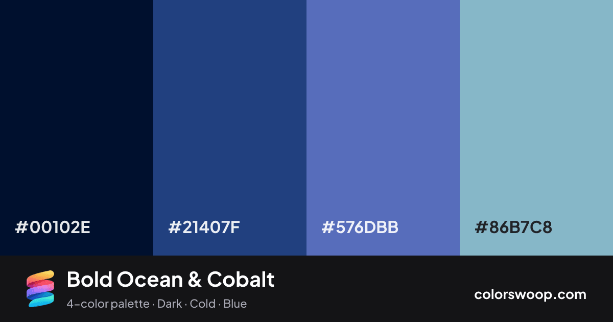 Bold Ocean & Cobalt color palette card: Ink #00102E, Cobalt #21407F, Ocean #576DBB, Dusty Blue #86B7C8
