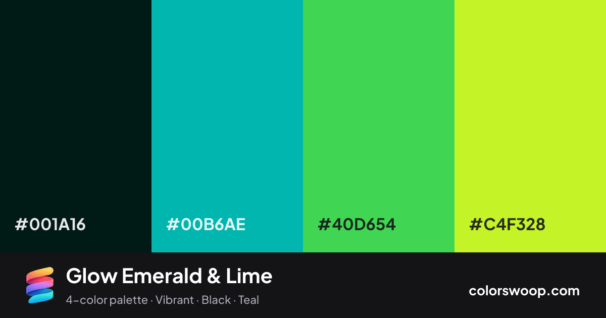 Glow Emerald & Lime color palette card: Licorice #001A16, Cadet #00B6AE, Emerald #40D654, Lime #C4F328