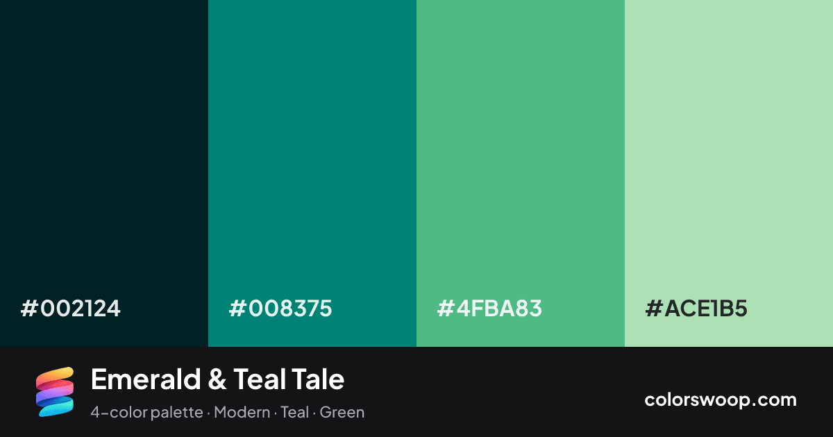 Emerald & Teal Tale color palette card: Ink #002124, Teal #008375, Emerald #4FBA83, Celadon #ACE1B5