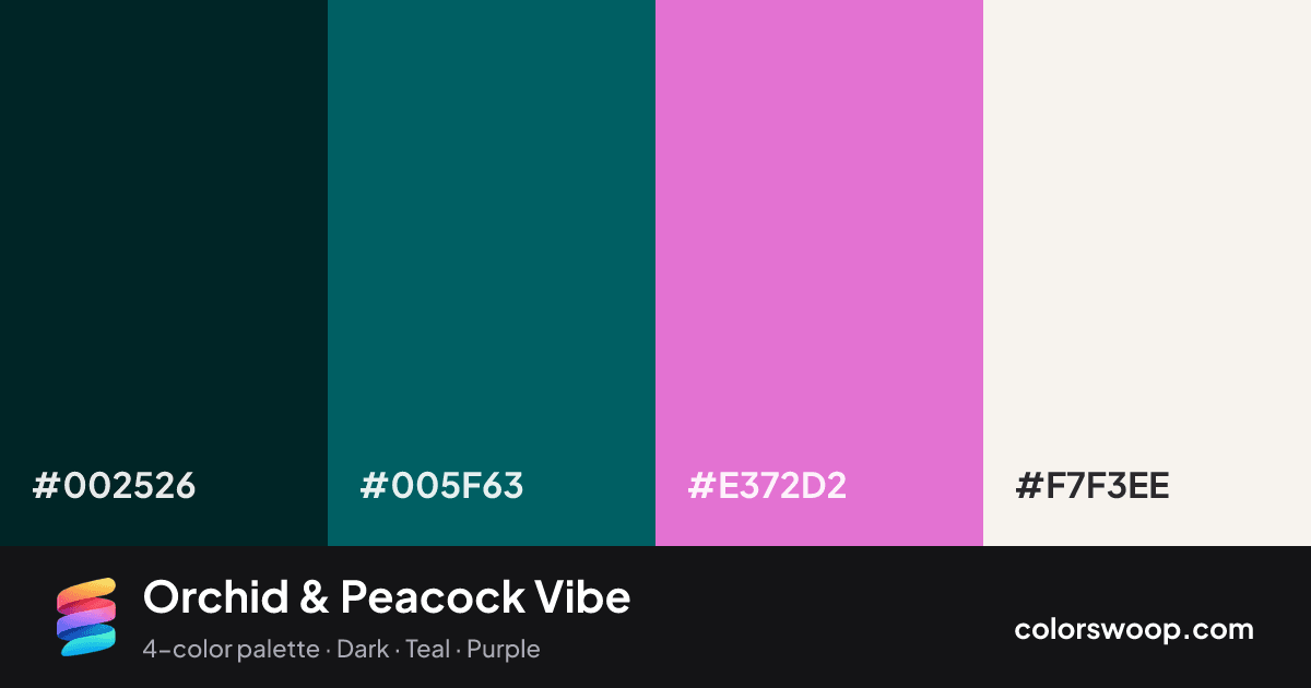 Orchid & Peacock Vibe color palette card: Ink #002526, Peacock #005F63, Orchid #E372D2, Smoke #F7F3EE