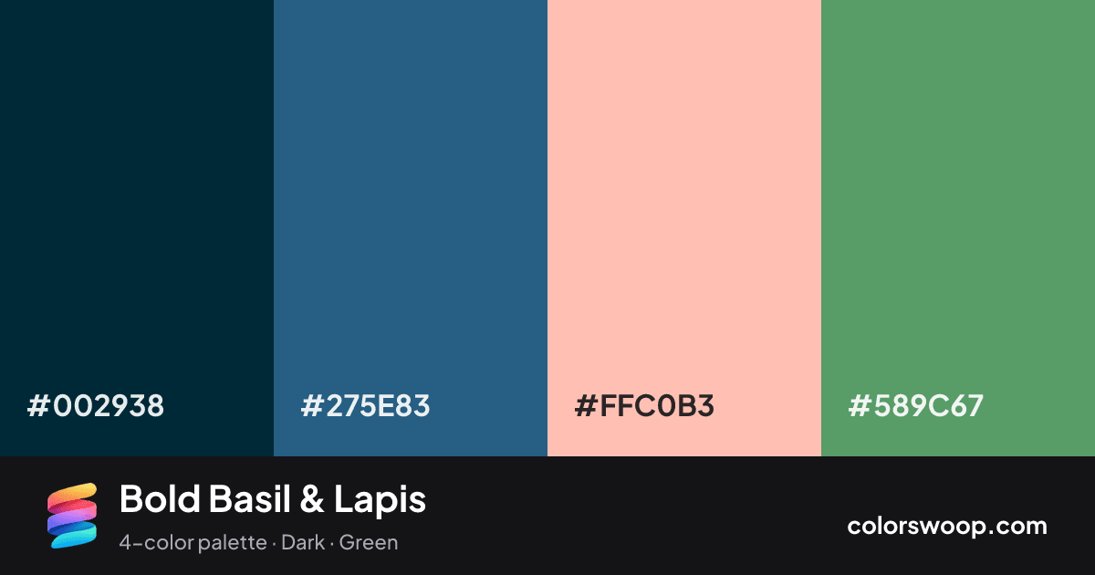 Bold Basil & Lapis color palette card: Ink #002938, Lapis #275E83, Melon #FFC0B3, Basil #589C67
