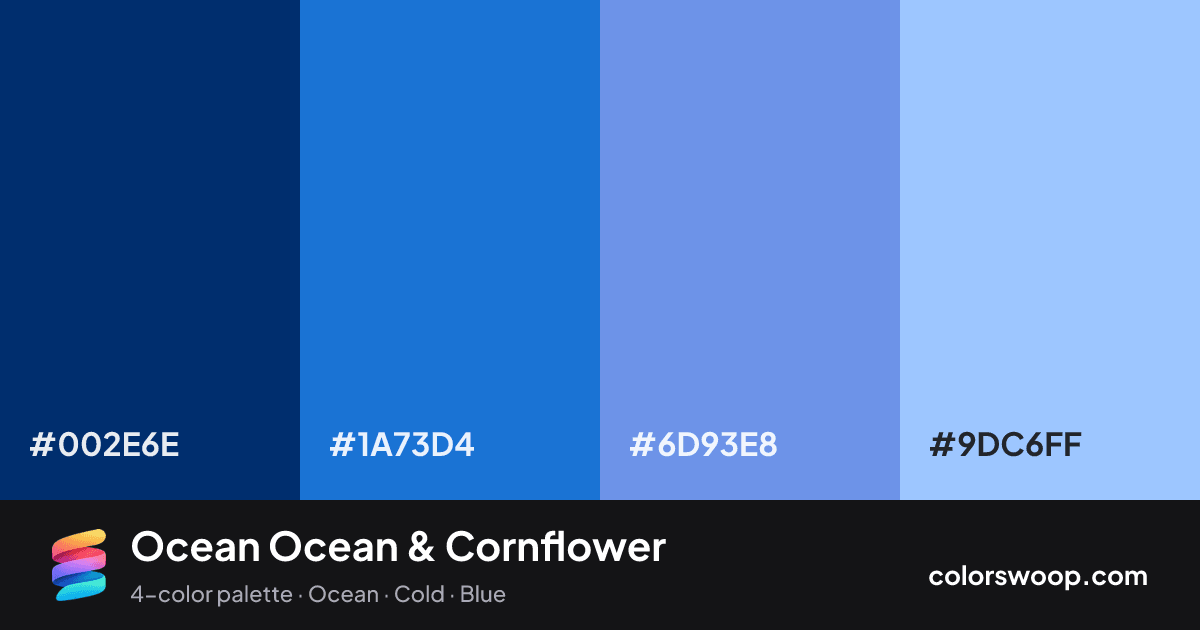 Ocean Ocean & Cornflower color palette card: Marine #002E6E, Ocean #1A73D4, Cornflower #6D93E8, Baby Blue #9DC6FF