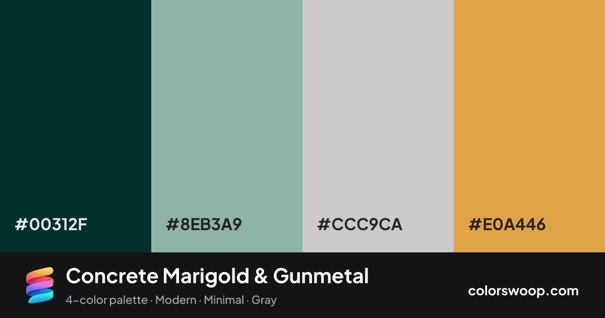 Concrete Marigold & Gunmetal color palette card: Gunmetal #00312F, Sage #8EB3A9, Lavender Gray #CCC9CA, Marigold #E0A446