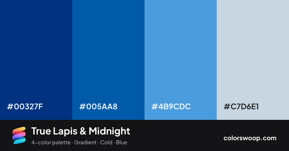 True Lapis & Midnight color palette card: Midnight #00327F, Lapis #005AA8, Blue Gray #4B9CDC, Fog #C7D6E1