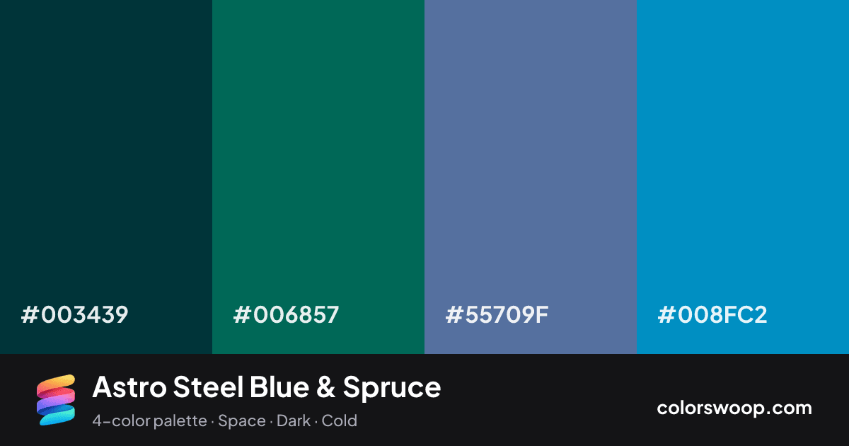Astro Steel Blue & Spruce color palette card: Gunmetal #003439, Spruce #006857, Steel Blue #55709F, Steel Blue #008FC2
