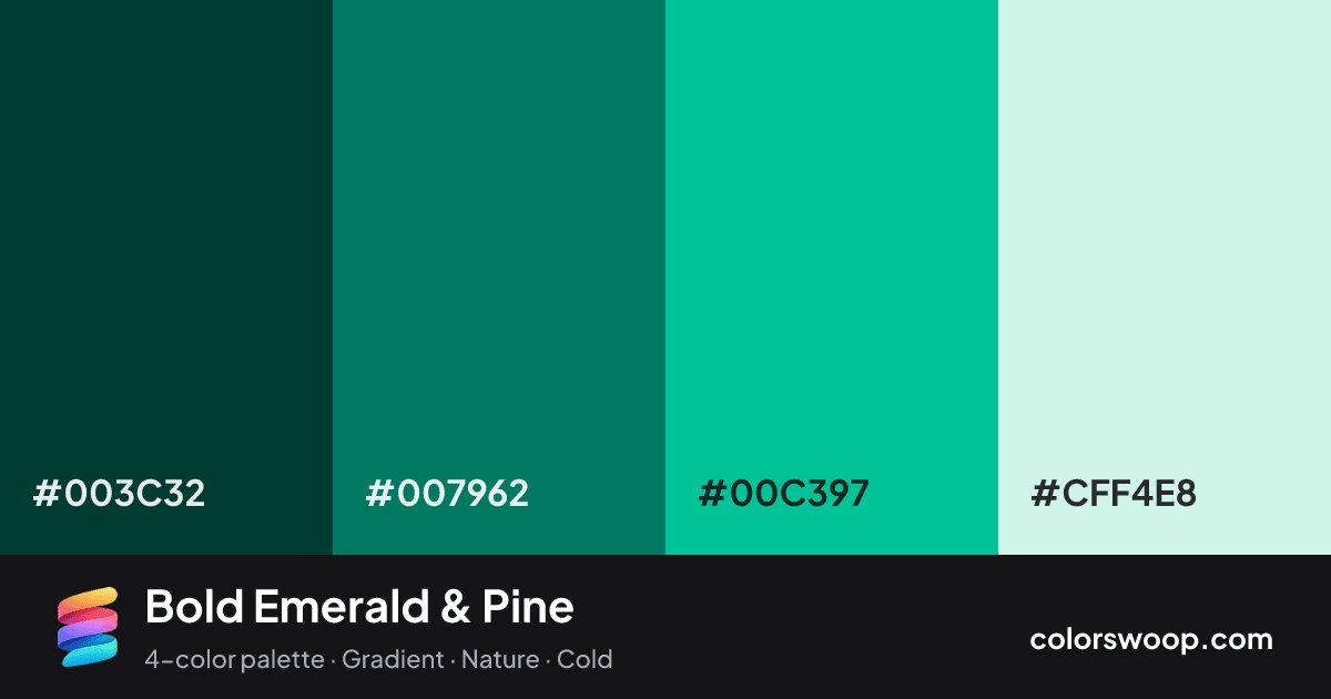 Bold Emerald & Pine color palette card: Evergreen #003C32, Pine #007962, Emerald #00C397, Ice #CFF4E8