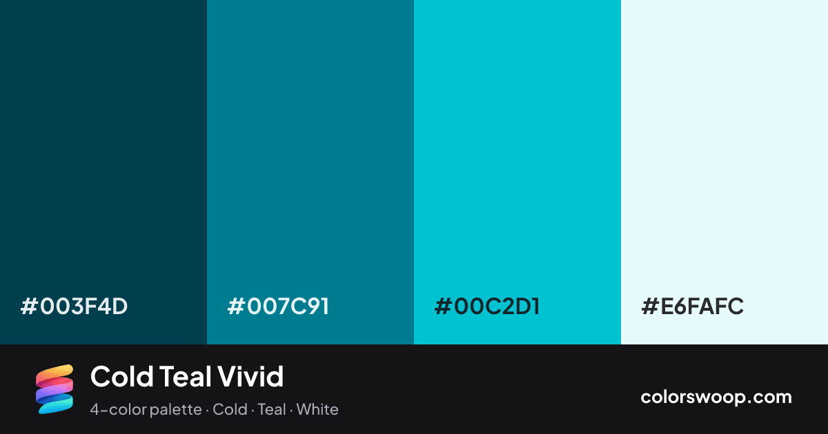 Cold Teal Vivid color palette card: Gunmetal #003F4D, Teal #007C91, Cyan #00C2D1, Smoke #E6FAFC