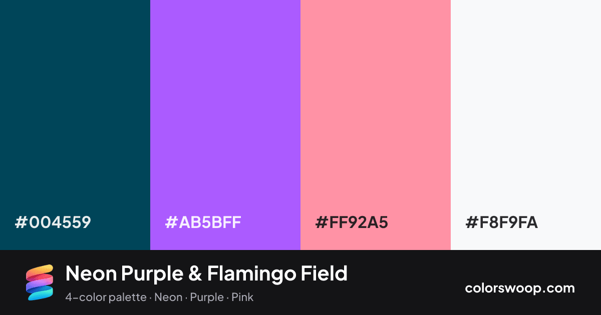 Neon Purple & Flamingo Field color palette card: Charcoal #004559, Neon Purple #AB5BFF, Flamingo #FF92A5, Snow #F8F9FA