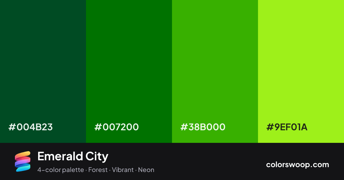Emerald City color palette card: Evergreen #004B23, Forest #007200, Kelly Green #38B000, Chartreuse #9EF01A