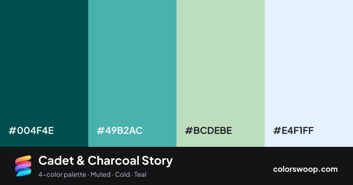 Cadet & Charcoal Story color palette card: Charcoal #004F4E, Cadet #49B2AC, Celadon #BCDEBE, Frost #E4F1FF