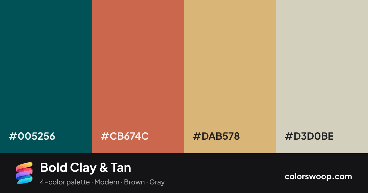 Bold Clay & Tan color palette card: Peacock #005256, Clay #CB674C, Tan #DAB578, Fog #D3D0BE