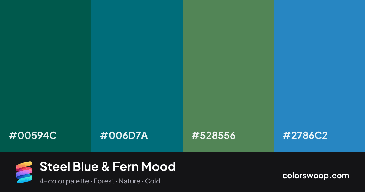 Steel Blue & Fern Mood color palette card: Spruce #00594C, Peacock #006D7A, Fern #528556, Steel Blue #2786C2