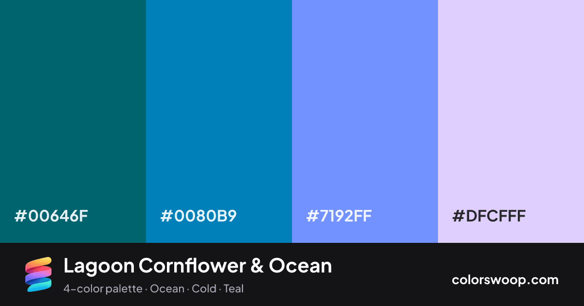 Lagoon Cornflower & Ocean color palette card: Peacock #00646F, Ocean #0080B9, Cornflower #7192FF, Periwinkle #DFCFFF