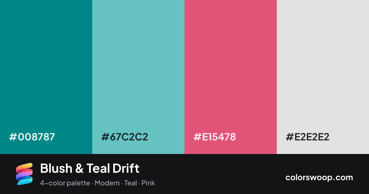 Blush & Teal Drift color palette card: Teal #008787, Sky Blue #67C2C2, Blush #E15478, Ice #E2E2E2