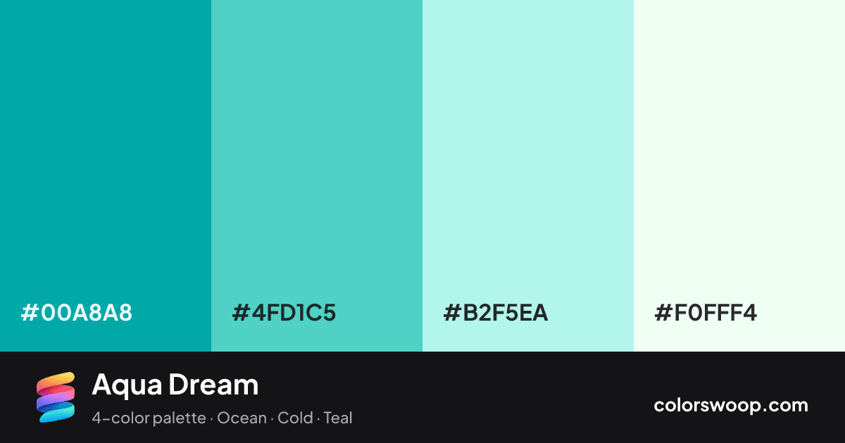 Aqua Dream color palette card: Cadet #00A8A8, Turquoise #4FD1C5, Ice #B2F5EA, Ivory #F0FFF4