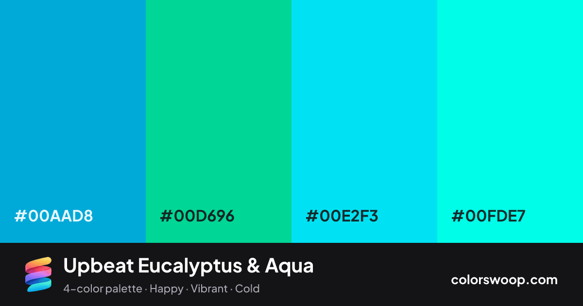 Upbeat Eucalyptus & Aqua color palette card: Cyan #00AAD8, Eucalyptus #00D696, Turquoise #00E2F3, Aqua #00FDE7