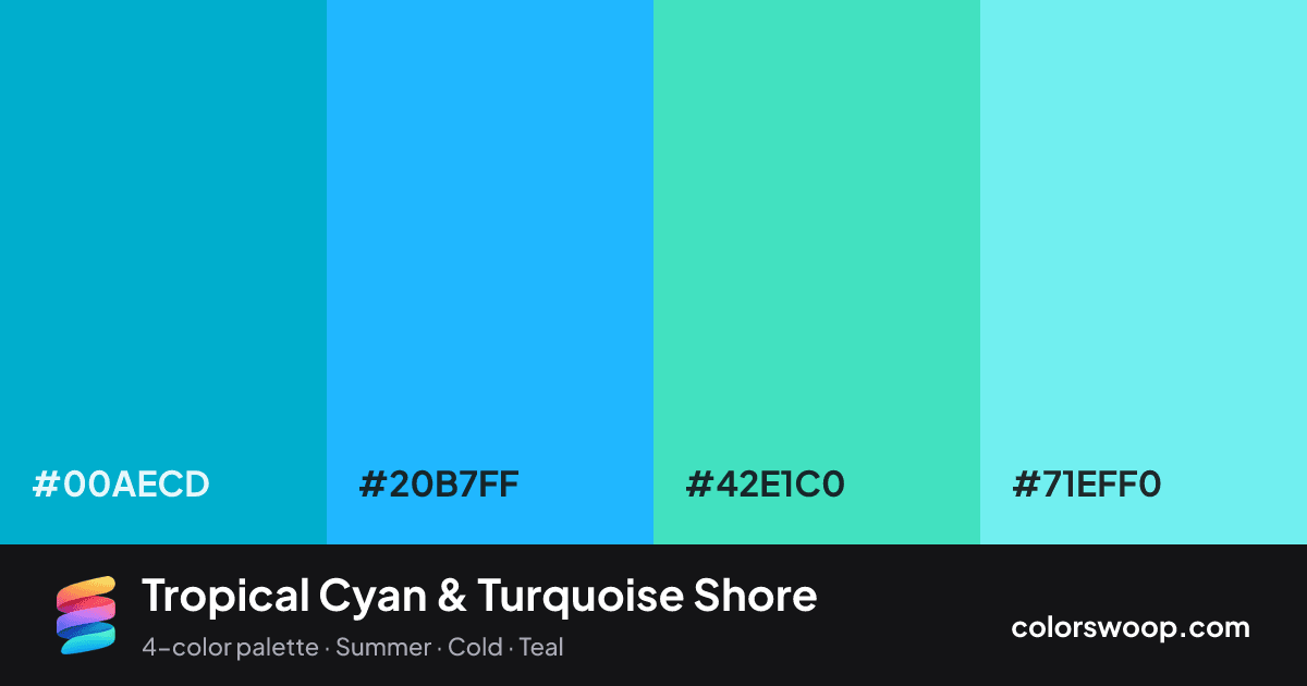 Tropical Cyan & Turquoise Shore color palette card: Cyan #00AECD, Cyan #20B7FF, Turquoise #42E1C0, Electric Blue #71EFF0