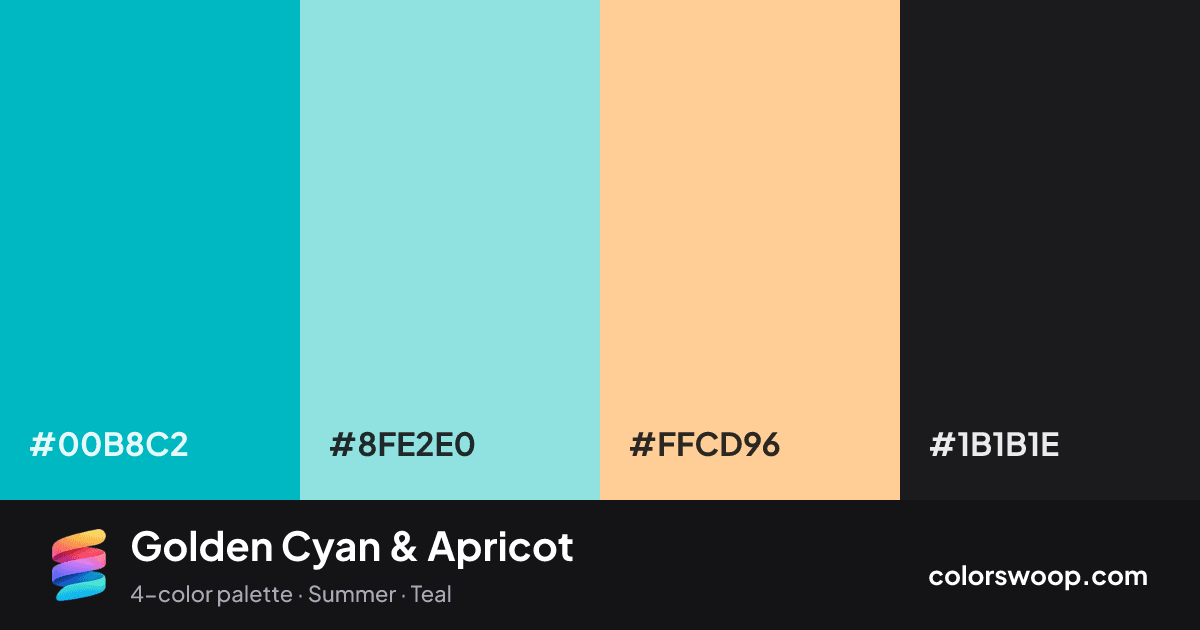 Golden Cyan & Apricot color palette card: Cyan #00B8C2, Powder Blue #8FE2E0, Apricot #FFCD96, Raisin #1B1B1E