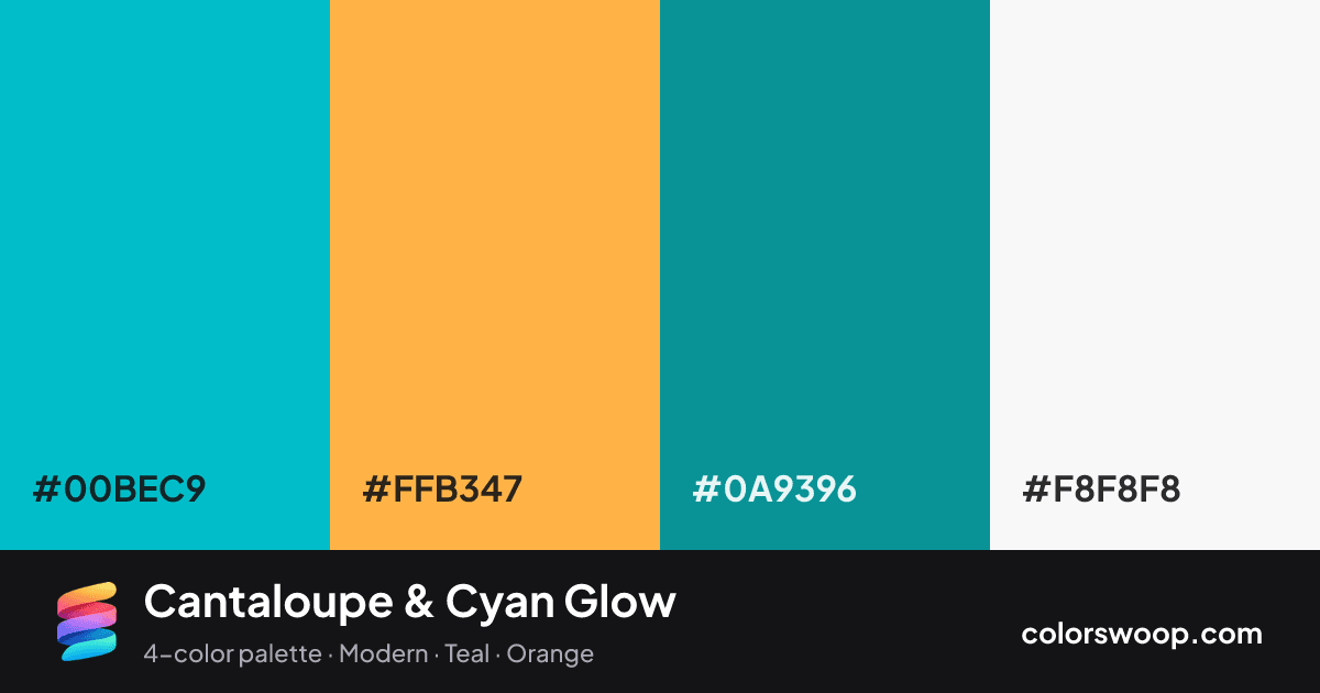 Cantaloupe & Cyan Glow color palette card: Cyan #00BEC9, Cantaloupe #FFB347, Teal #0A9396, Smoke #F8F8F8