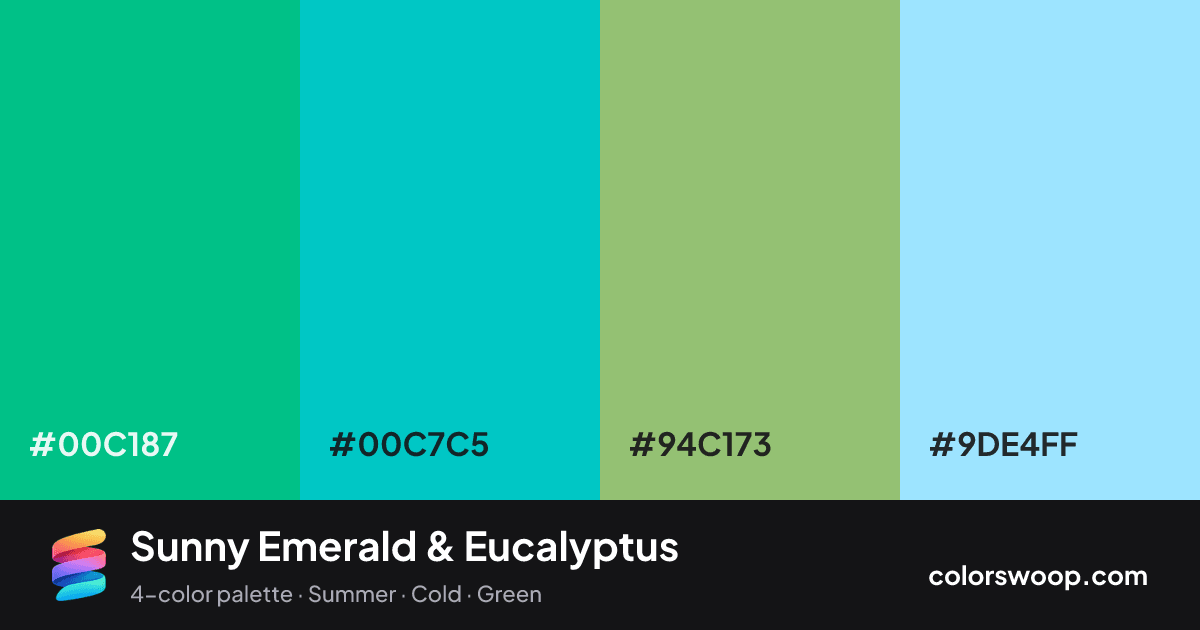 Sunny Emerald & Eucalyptus color palette card: Emerald #00C187, Eucalyptus #00C7C5, Pistachio #94C173, Powder Blue #9DE4FF