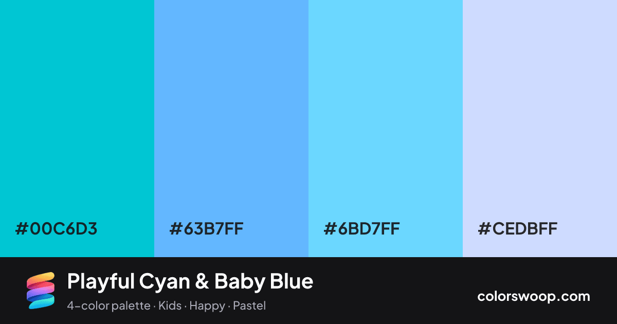 Playful Cyan & Baby Blue color palette card: Cyan #00C6D3, Cyan #63B7FF, Baby Blue #6BD7FF, Periwinkle #CEDBFF