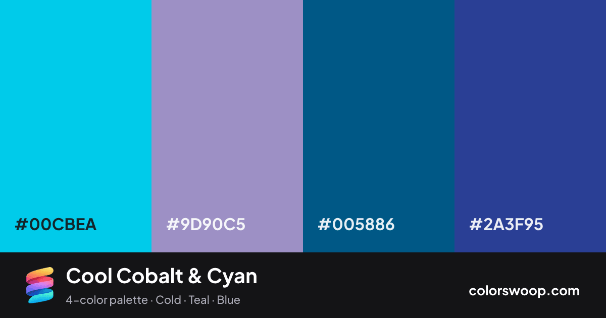 Cool Cobalt & Cyan color palette card: Cyan #00CBEA, Dusty Blue #9D90C5, Lapis #005886, Cobalt #2A3F95