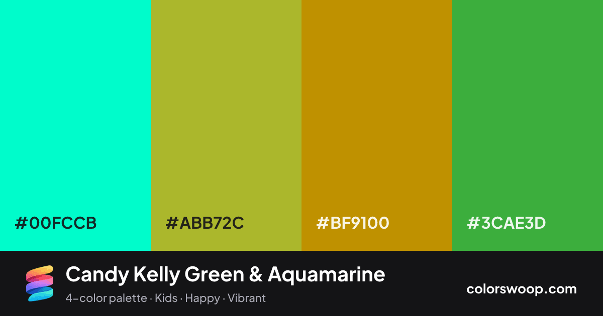 Candy Kelly Green & Aquamarine color palette card: Aquamarine #00FCCB, Brass #ABB72C, Caramel #BF9100, Kelly Green #3CAE3D