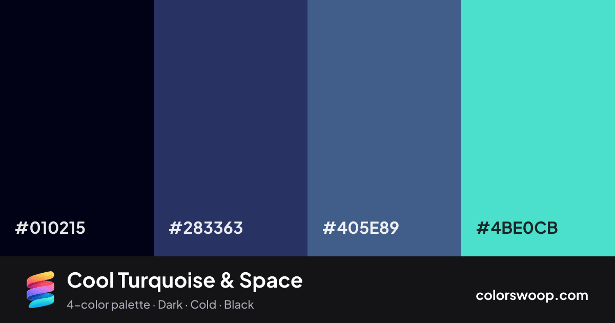 Cool Turquoise & Space color palette card: Obsidian #010215, Space #283363, Dusk #405E89, Turquoise #4BE0CB