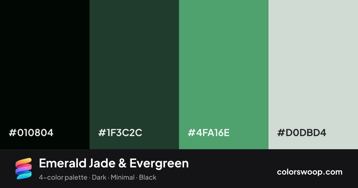 Emerald Jade & Evergreen color palette card: Obsidian #010804, Evergreen #1F3C2C, Jade #4FA16E, Fog #D0DBD4