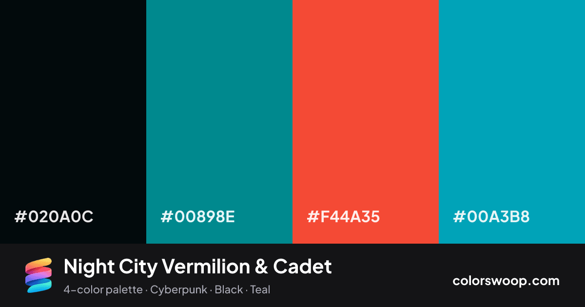 Night City Vermilion & Cadet color palette card: Obsidian #020A0C, Teal #00898E, Vermilion #F44A35, Cadet #00A3B8