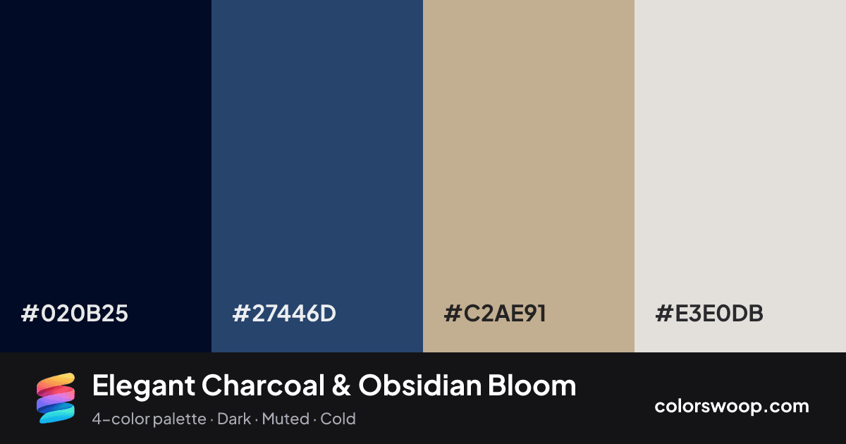 Elegant Charcoal & Obsidian Bloom color palette card: Obsidian #020B25, Charcoal #27446D, Khaki #C2AE91, Almond #E3E0DB