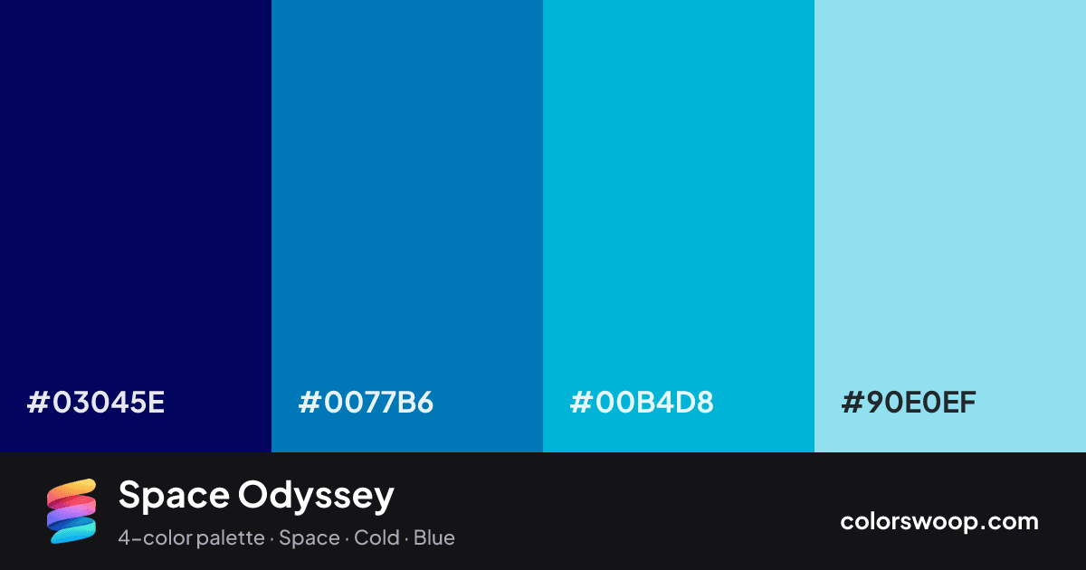 Space Odyssey color palette card: Navy #03045E, Ocean #0077B6, Cyan #00B4D8, Powder Blue #90E0EF