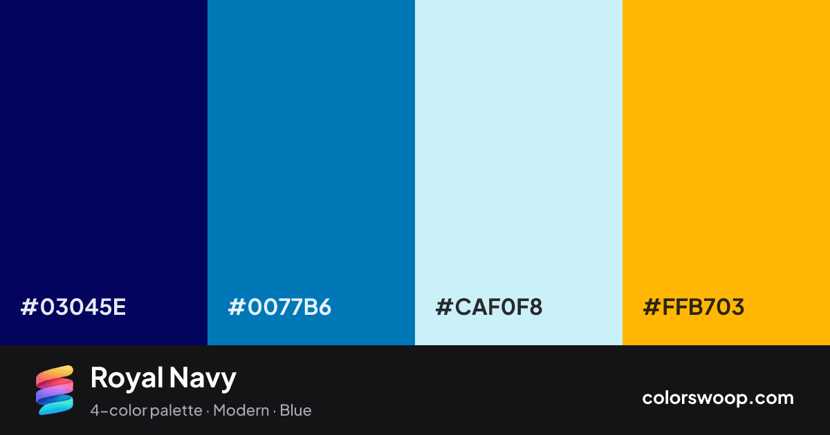 Royal Navy color palette card: Navy #03045E, Ocean #0077B6, Ice #CAF0F8, Amber #FFB703