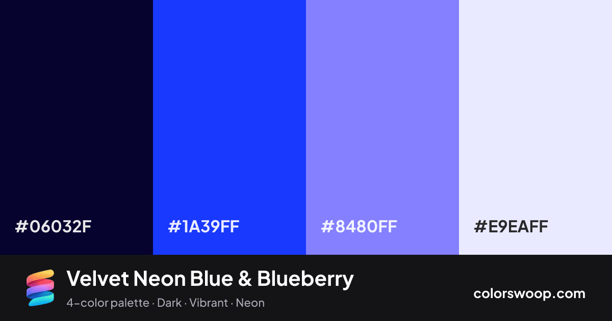 Velvet Neon Blue & Blueberry color palette card: Obsidian #06032F, Neon Blue #1A39FF, Blueberry #8480FF, Lavender #E9EAFF