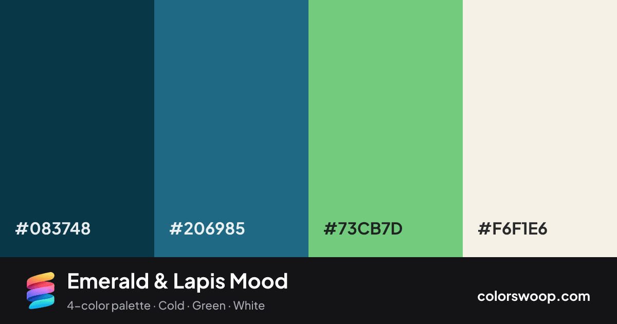 Emerald & Lapis Mood color palette card: Prussian Blue #083748, Lapis #206985, Emerald #73CB7D, Linen #F6F1E6
