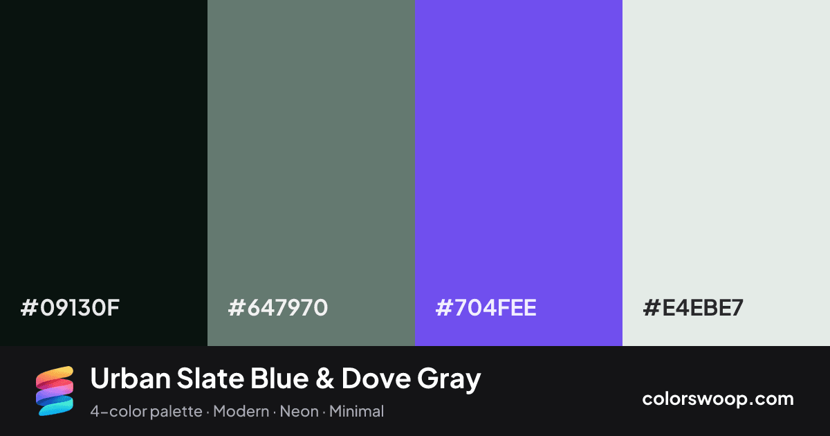 Urban Slate Blue & Dove Gray color palette card: Obsidian #09130F, Dove Gray #647970, Slate Blue #704FEE, Ice #E4EBE7