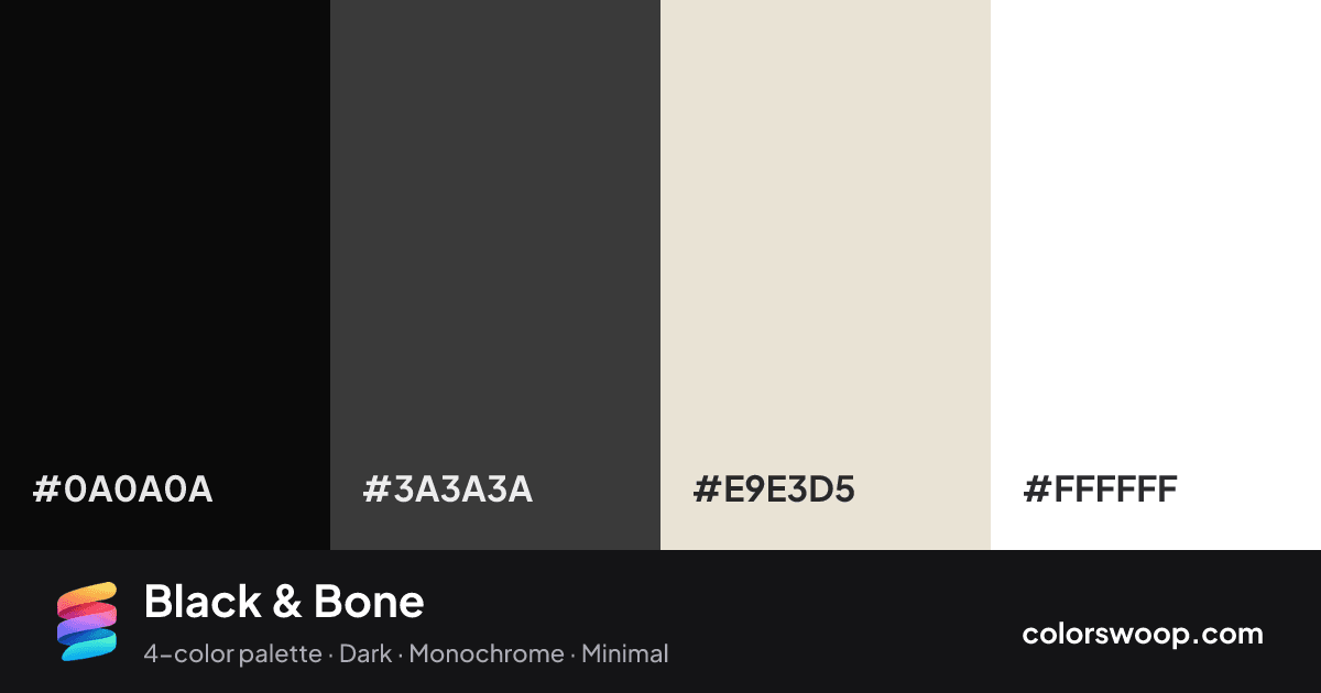 Black & Bone color palette card: Obsidian #0A0A0A, Onyx #3A3A3A, Almond #E9E3D5, White #FFFFFF