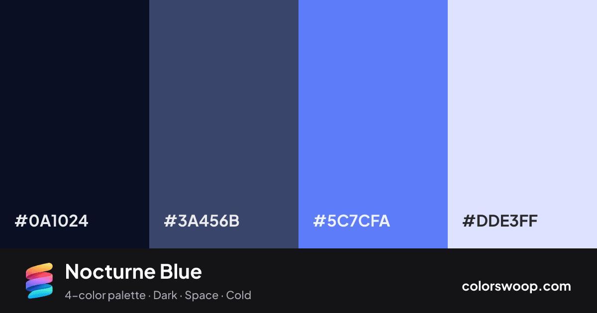Nocturne Blue color palette card: Obsidian #0A1024, Charcoal #3A456B, Blueberry #5C7CFA, Lavender #DDE3FF