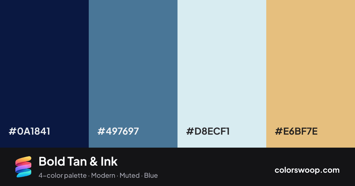 Bold Tan & Ink color palette card: Ink #0A1841, Cerulean #497697, Ice #D8ECF1, Tan #E6BF7E