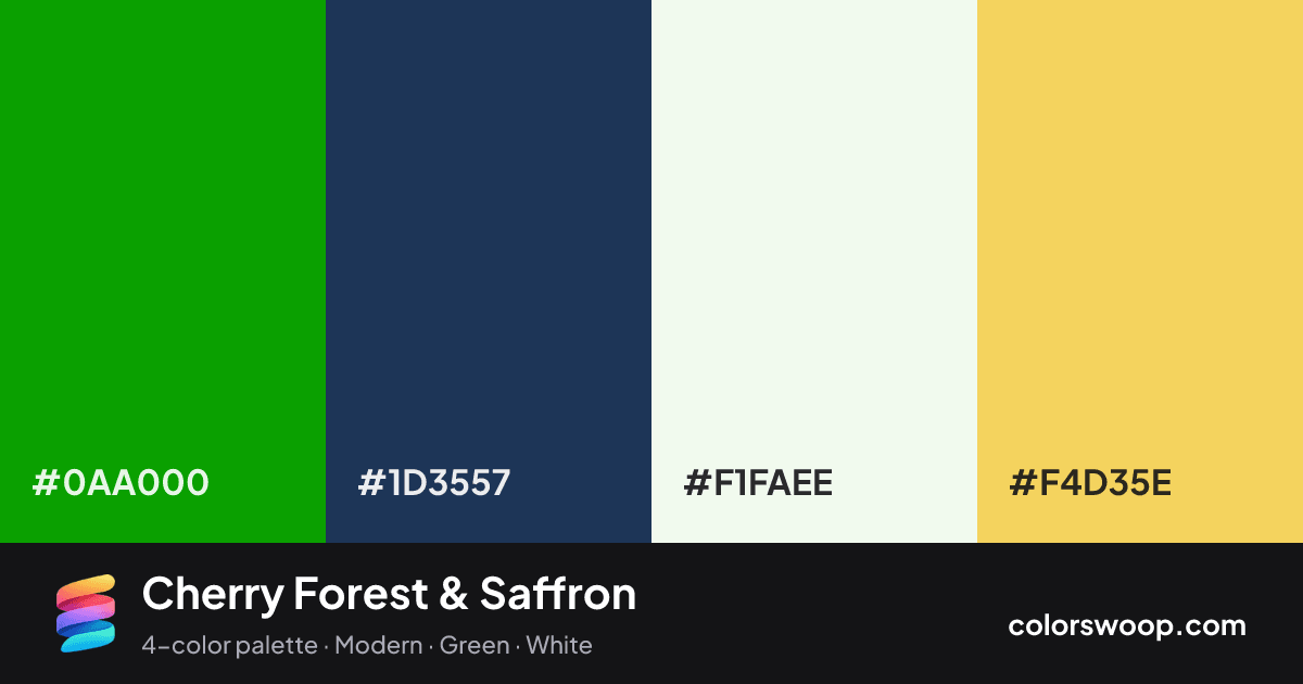 Cherry Forest & Saffron color palette card: Forest #0AA000, Prussian Blue #1D3557, Smoke #F1FAEE, Saffron #F4D35E
