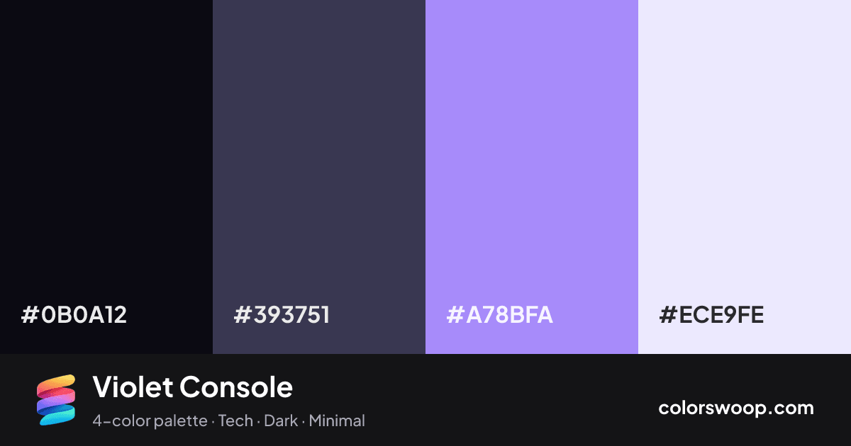 Violet Console color palette card: Obsidian #0B0A12, Iron #393751, Cornflower #A78BFA, Lavender #ECE9FE