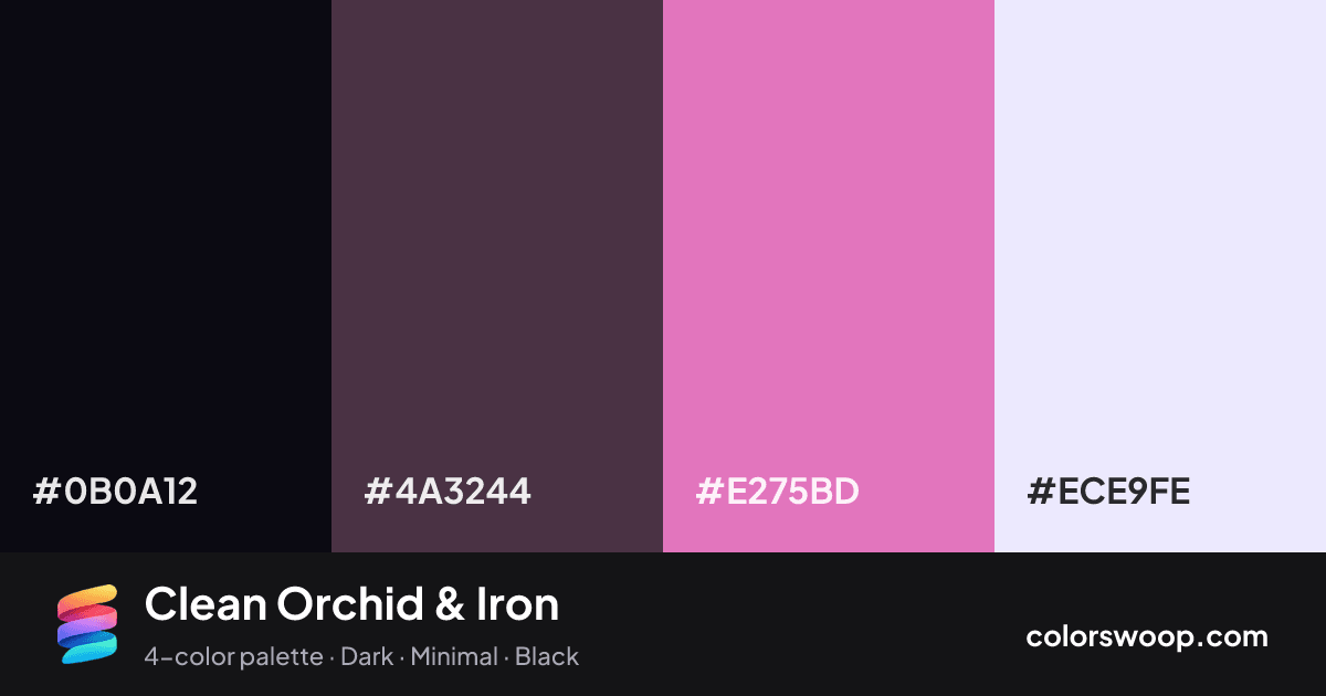 Clean Orchid & Iron color palette card: Obsidian #0B0A12, Iron #4A3244, Orchid #E275BD, Lavender #ECE9FE